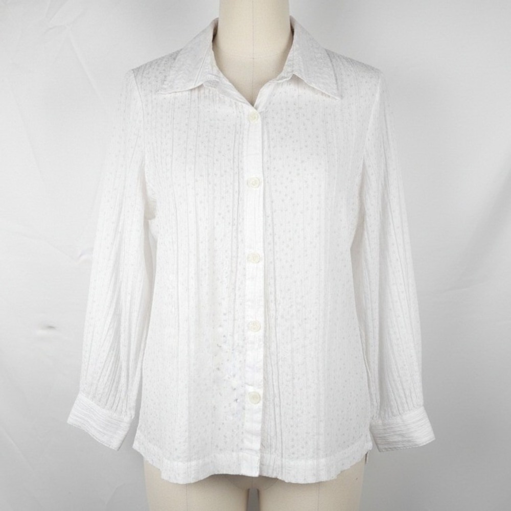 Polka Dot Textured Button Up Top Size M White Long Sleeve Coquette Coastal Gauze - Picture 1 of 10